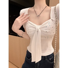 批发古早蝴蝶结烫钻v领短袖<b class='q'>T</b><b class='q'>恤</b>女夏季修身收腰纯欲风<b class='q'>紧身</b>短袖上衣