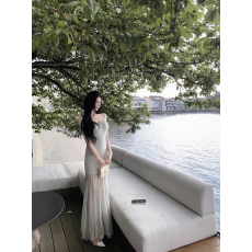 批发JAYKYANG 夏日柔光 大V领修身鱼尾长款包臀裙收腰显瘦短袖<b class='q'>针织</b>裙