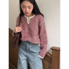 批发韩系八奶chic<b class='q'>贝壳</b>扣羊驼毛圆领针织衫小众条纹宽松慵懒显瘦上衣