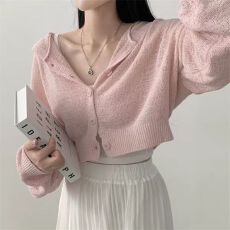 批发韩国chic早秋季慵懒风短款宽松纯色灯笼袖连帽长袖<b class='q'>开衫</b>针织毛衣