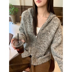 批发韩系花纱双拉链连帽针织外套<b class='q'>女</b>秋季新款软糯宽松灰色毛衣开衫