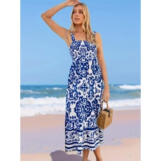 批发跨境<b class='q'>女</b>装夏季热销时尚无袖一字领波西米亚印花吊带<b class='q'>连衣裙</b>印花