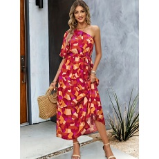 批发亚马逊印花休闲<b class='q'>女装</b>斜肩连衣裙