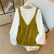 批发实拍～时尚两件套圆领长袖衬衫女针织吊带马甲秋季叠穿<b class='q'>中长款</b>套装