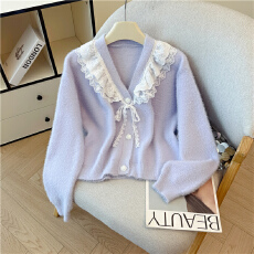 批发实拍～娃娃领水貂绒软糯毛衣女秋冬可爱甜美<b class='q'>蕾丝</b>V领针织开衫