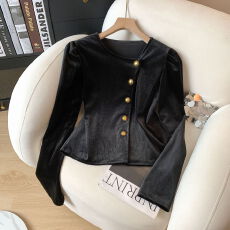 批发实拍～法式黑色丝绒斜领<b class='q'>泡泡袖</b>衬衫女2025秋季新款小香风开衫