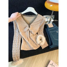 批发实拍～纯欲性感V领蕾丝拼接气质上衣<b class='q'>女</b>撞色修身小个子长袖<b class='q'>打底衫</b>