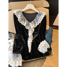 批发实拍～法式轻奢高级感蕾丝拼接丝绒衬衫女秋冬新款赫本风显瘦上衣