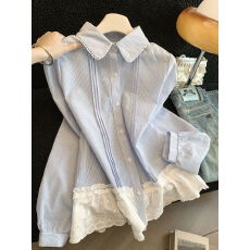 批发实拍~娃娃领拼接<b class='q'>蕾丝</b>边下摆长袖衬衫女春新款小清新衬衣