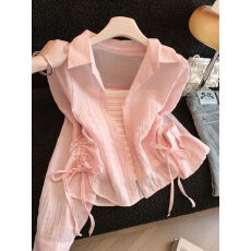 批发实拍~小个子超仙短款衬衫女外穿春季新款抽绳套装