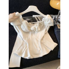 批发实拍～荷叶边一字肩蝴蝶结t恤女春季新款修身洋气别致短款上衣