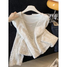 批发实拍～名媛范重工亮片V领上衣女 早春高级感绝美上衣