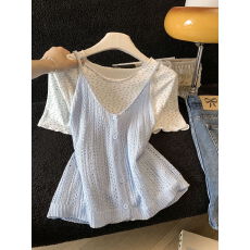 批发实拍～<b class='q'>韩</b>系小清新印花短袖t恤2026春季新款叠穿吊带背心两件套装