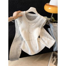 批发实拍～叠穿镂空长袖针织罩衫配背心女两件套<b class='q'>上衣</b>春夏季