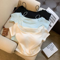 批发实拍～甜辣妹U领短袖T恤女春夏新款带胸垫修身短款纯欲<b class='q'>小衫</b>