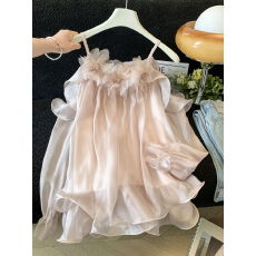 批发实拍～纯欲温柔风性感露肩吊带雪纺衬衫女夏季立体花朵超仙上衣