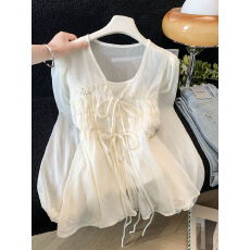 批发简约上衣套装贴身吊带<b class='q'>背心</b>+褶皱<b class='q'>V领</b>系带<b class='q'>雪纺</b><b class='q'>衫</b>两件套防晒