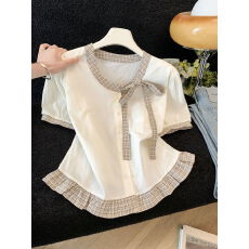 批发撞色格子短袖衬衫女夏季显瘦法式系带蝴蝶结小衫