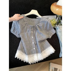 批发格子雪纺衬衫<b class='q'>女</b>夏季<b class='q'>新款</b>法式气质宽松正肩蕾丝拼接上衣设计感