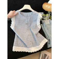 批发<b class='q'>甜美</b>蕾丝花边格子棉麻无袖衬衫女夏韩系洋气减龄宽松马甲背心上衣