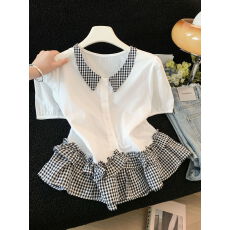 批发小清新<b class='q'>甜美</b>撞色拼接荷叶边短袖衬衫女夏季2026新款独特气质上衣