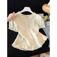 批发通勤减龄感木耳边拼接泡泡袖衬衫女2026夏季百搭外穿纯色显瘦上衣