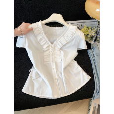 批发法式<b class='q'>甜美</b>荷叶边V领短袖衬衫女夏季新款洋气修身漂亮上衣