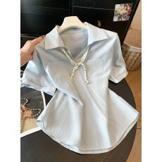 批发韩系休闲风波点飘带<b class='q'>短袖</b>衬衫女夏季新款简约气质显瘦上衣