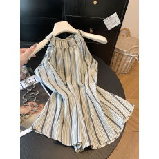 批发条纹挂脖休闲上衣女夏季度假风绝美设计感外穿宽松露肩无袖背心