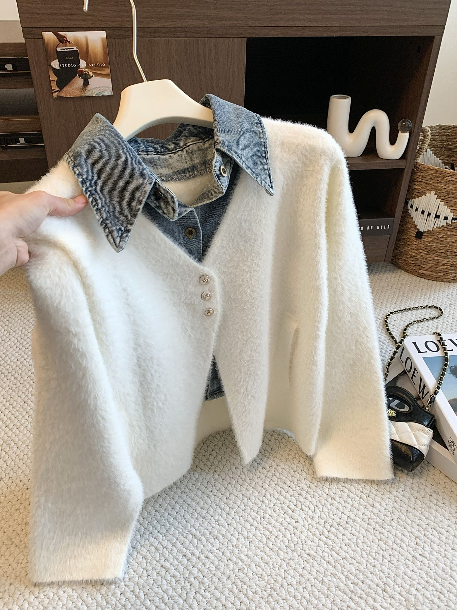 BY35637# 牛仔拼接假两件针织衫女秋冬新款小香风软糯毛衣外套 服裝批發女裝批發服飾貨源