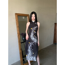 批发黑白印花蕾丝爱心钻扣侧开叉长款新中式旗袍连衣裙