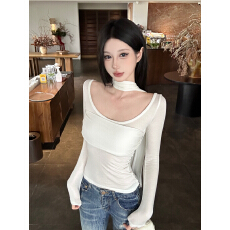 批发温柔纸片人”一体式挂脖围巾针织打底辣妹长袖T恤纯欲上衣