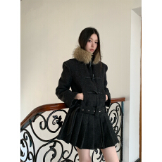 批发羊毛混纺可拆卸毛领毛呢外套女秋冬加厚百褶下摆呢子大衣