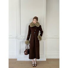 批发斜门襟拼毛收腰防风呢大衣翻领设计感韩版气质外套