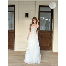 批发高端生日礼服重工蕾丝鱼骨收腰网纱大摆抹胸长裙