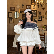 批发少女减龄格子斜领长袖衬衣套装裤