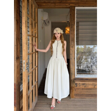 批发白色钮扣排领长款连衣裙