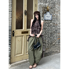 批发微透豹纹多层荷叶边设计感雪纺拖尾上衣无袖女