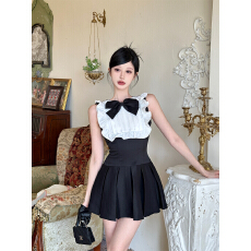 批发法式优雅气质黑白拼色<b class='q'>蝴蝶结</b>收腰<b class='q'>连衣裙</b>