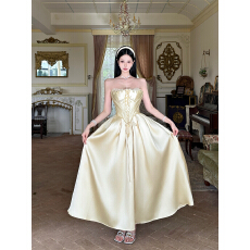 批发贝儿鎏金 法式设计感公主系列缎面抹胸蕾丝鱼骨连衣裙女