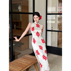 批发新中式改良旗袍酒红色玫瑰波点印花长款连衣裙2026年春季