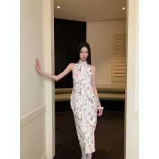 批发桃园/妃妃琼瑶珠宝印花桑蚕丝露背链条原创新中式改良旗袍连衣裙