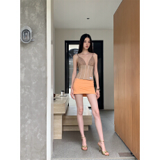 批发欧美风性感鱼骨吊带包臀裙套装