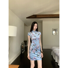 批发盈柔之境新中式丝绒设计收腰显瘦弹力旗袍连衣裙