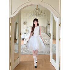 批发蝴蝶结网纱拼接<b class='q'>连衣裙</b>A字<b class='q'>蓬蓬裙</b>轻婚纱领证小白裙女