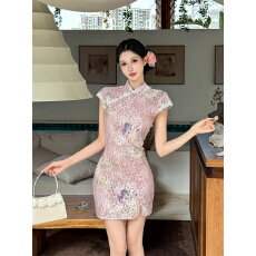 批发粉雾织花新中式立领斜襟蕾丝印花辣妹旗袍