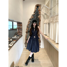 批发亚麻牛仔收腰V领无袖马甲上衣蓬蓬半身伞裙套装女