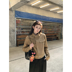 批发复古美拉德棕色<b class='q'>翻领</b>麂皮长袖拉链小个子皮衣夹克短外套女