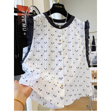 批发韩系木耳边小飞袖重工刺绣<b class='q'>无袖</b>小衫上衣女夏季超好看外穿背心