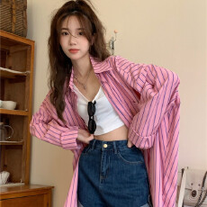 批发粉色撞色条纹衬衫女夏季新款<b class='q'>中长款</b>宽松大版oversize薄款防晒开衫
